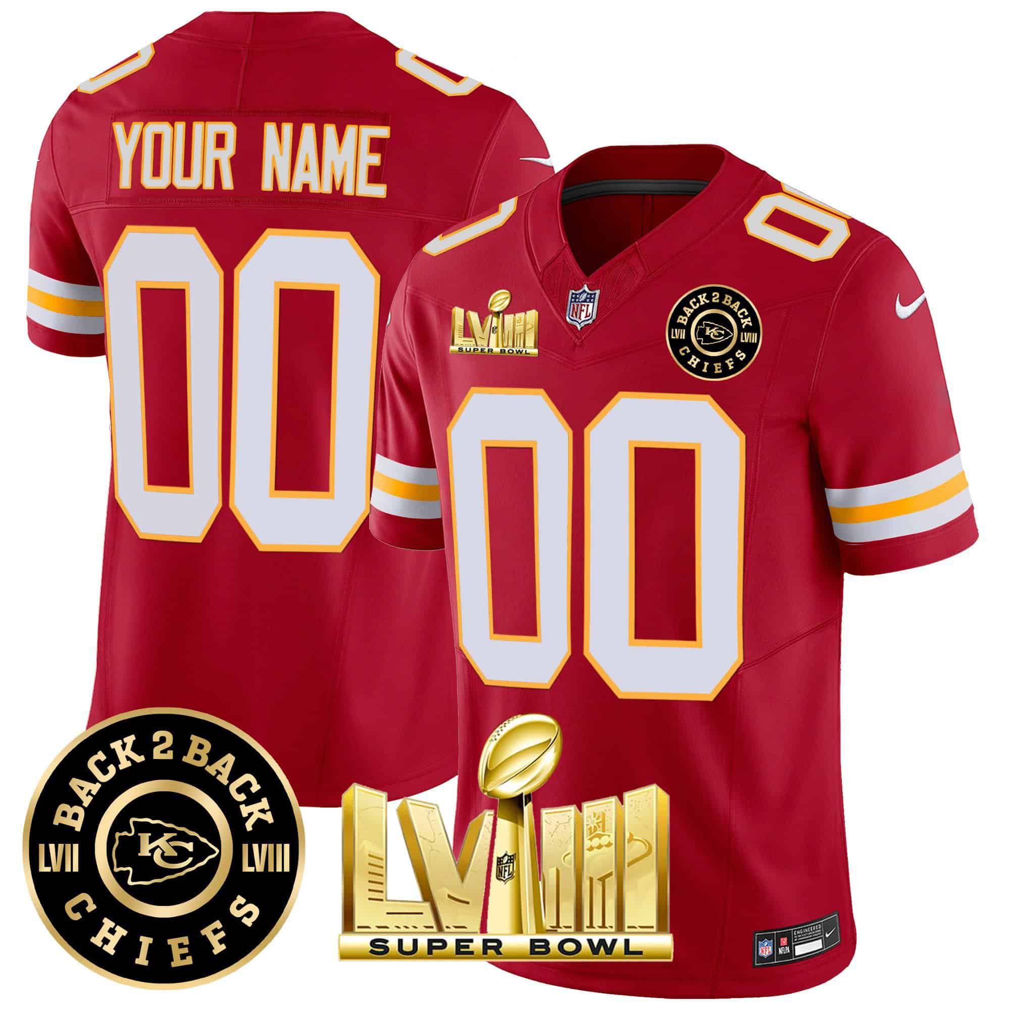 Men Kansas City Chiefs Red 2024 Nike Super Bowl LVIII & Back-2-Back Patch Vapor Custom NFL Jersey style 3